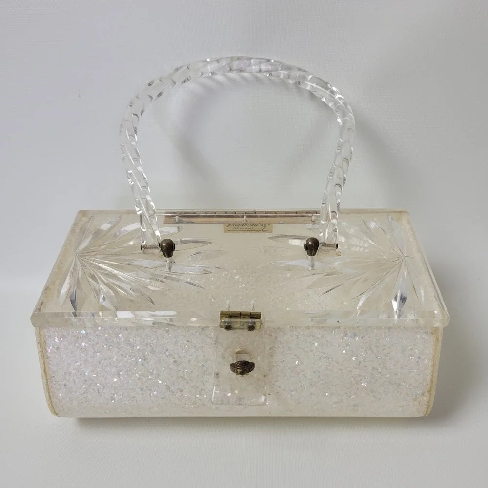 Vtg Patricia of Miami Lucite Box Purse White Confetti Glitter Carved Sunburst